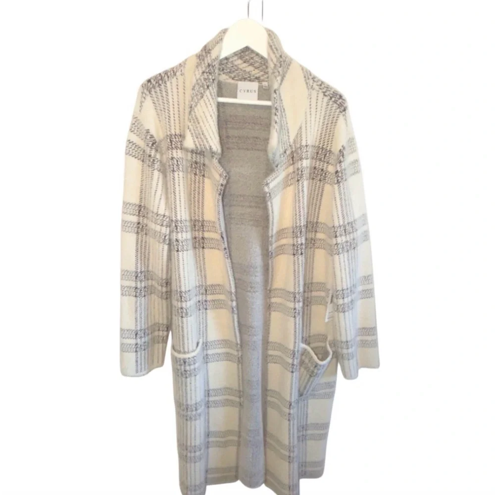 NWT! Cyrus Open Plaid Mink Sweater Coat Large Longline Contemporary Warm Pockets